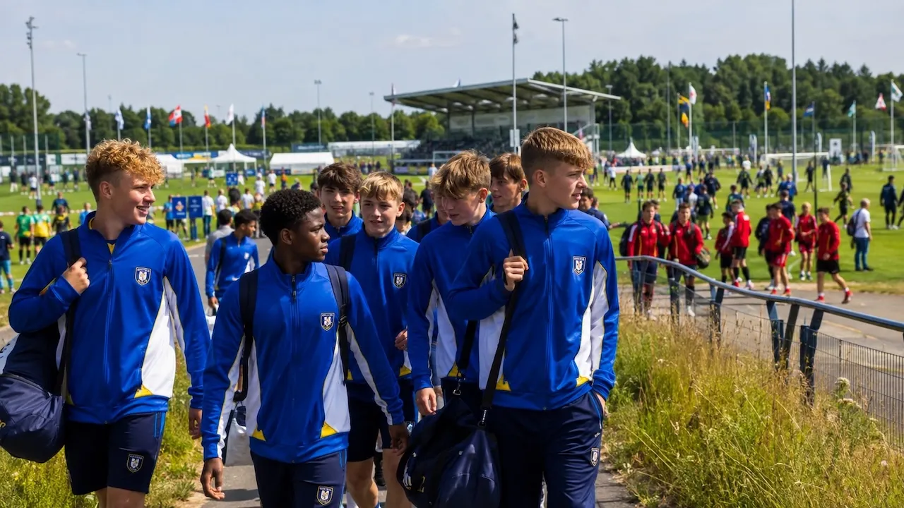 Youth football players taking part in an international football tournament.
