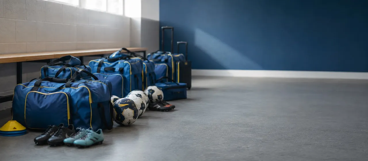 Sussex team kit bags, footballs and boots prepared in a changing room.